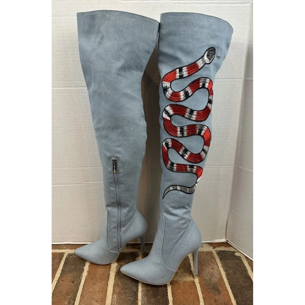 Cape Robbin Thigh High Boots Denim Edgy Snake Black Red Pointy Toe Size 5.5